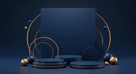 Modern 3D render of elegant podiums with spheres and golden arches on blue background