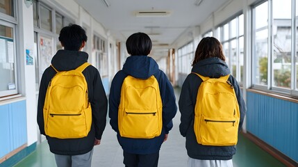 Three students with yellow backpacks walk down a school hallway from behind.