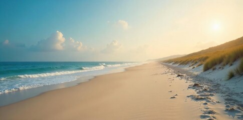 Obraz premium Endless sandy beach stretching to a hazy horizon under a vast sky Perfect for travel, vacation, or coastal themed projects Tranquil, serene coastal landscape , sand, golden