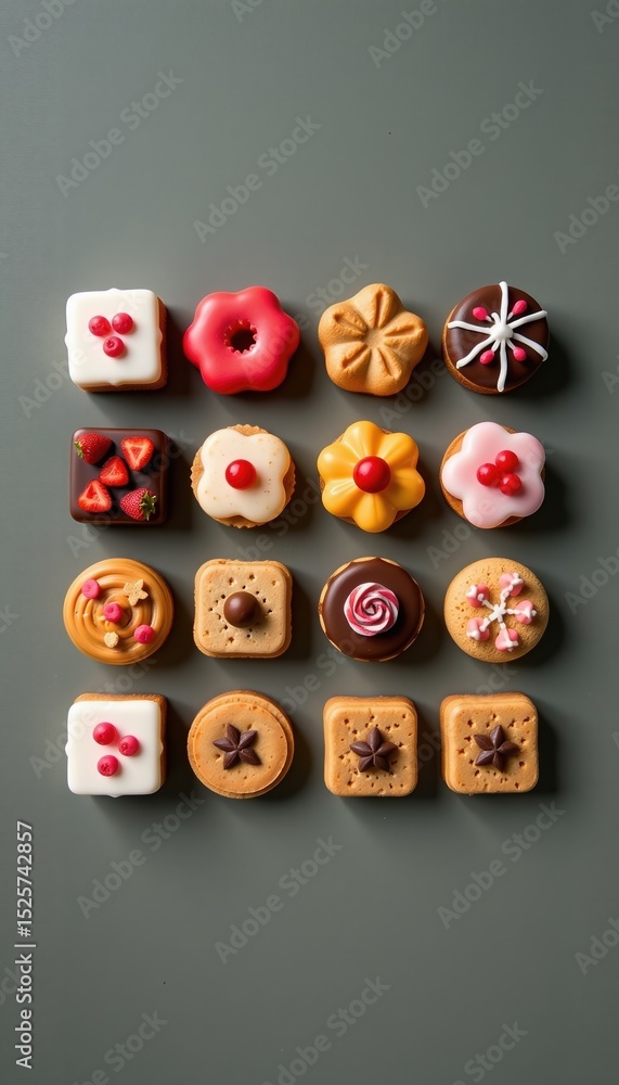 Poster a colorful assortment of decorated cookies arranged in a neat grid on a dark background.