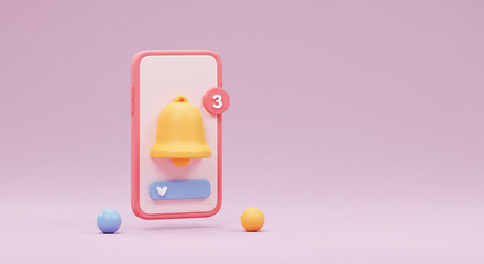 3D render of a mobile phone with a notification bell icon, modern design concept