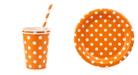 Orange Polka Dot Party Supplies: Cup, Plate, and Straw on a White Background