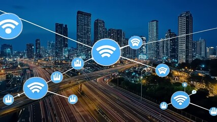 Urban cityscape at dusk with digital connectivity icons overlaying bustling highways and skyscrapers - Powered by Adobe