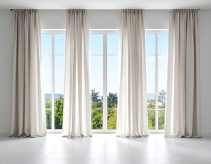Fototapeta premium White room with large windows and beige curtains