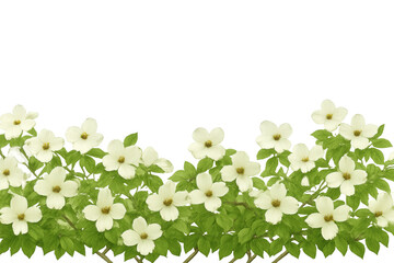 Delicate white dogwood blossoms spreading amid verdant green foliage, forming elegant botanical border with transparent backdrop