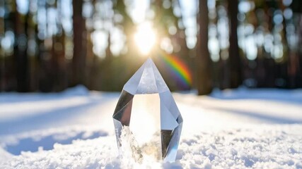 Crystal point gleaming in snowy forest with sunlight refracting into vibrant rainbow colors in background on a bright winter day - Powered by Adobe