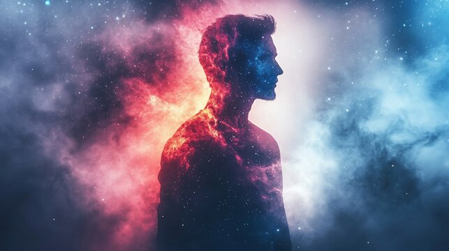 Silhouette of a man emerging from nebula, with vibrant red and blue colors swirling