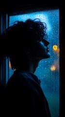 Silhouette of a person by a rainy window looking upward, with city lights