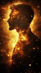 Silhouette of a man engulfed in fiery cosmic energy, shining and shimmering