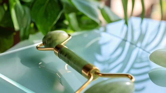 Green jade facial roller and stone on glass surface against green foliage for skincare and beauty, relaxation and stress relief on a light surface.