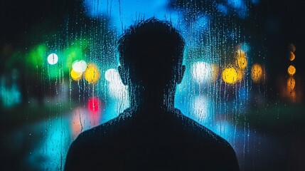 Silhouette of a person looking out a rain-streaked window at city lights