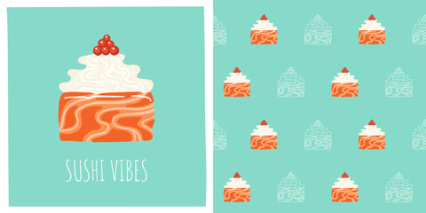 Sushi roll Philadelphia cartoon seamless pattern. Traditional Asian Japanese food boundless background. Sushi seafood endless vector design for paper print fabric textile wrapper backdrop template