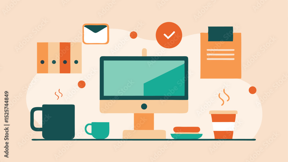 Aufkleber flat design workspace with computer monitor and office elements on a white background