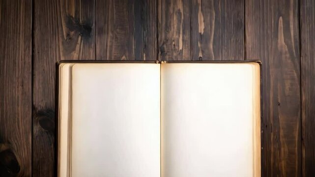 An old open blank book with aged paper lies on a dark rustic wooden table in horizontal orientation offering copy space.