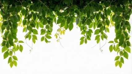 Lush green foliage hanging overhead against a bright white background with natural light filtering through the leaves, creating a vibrant border.