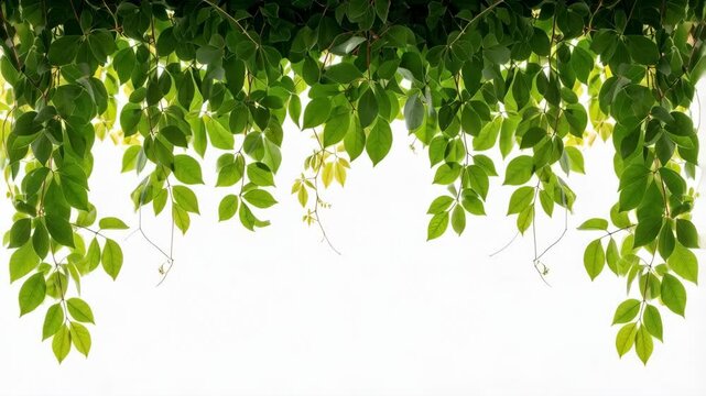 Lush green foliage hanging overhead against a bright white background with natural light filtering through the leaves, creating a vibrant border.