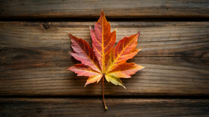 Obraz premium Close-up of a vibrant red maple leaf resting on weathered dark wood, highlighting textures and colors that represent autumn and seasonal change. Perfect for autumn postcards and seasonal designs.
