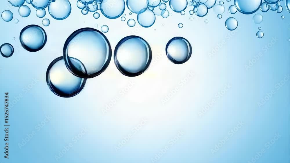 Poster delicate blue background with transparent water bubbles at the top with bright clear space for text 