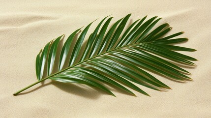 Single palm frond rests on light beige fabric