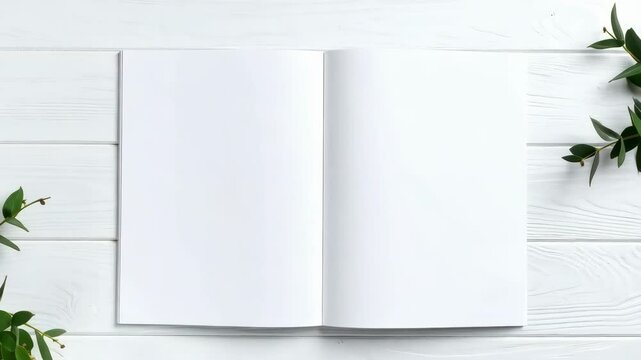 Opened blank journal on a white wooden surface with green decorative leaves, ready for customization and perfect for creative design purposes