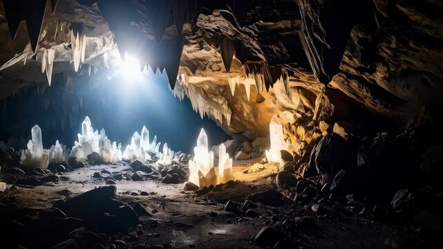 Underground cavern filled with quartz crystals, illuminated by ethereal light streaming from an opening above, revealing a hidden geological wonder.