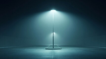 Single street light illuminating a foggy night. The bright light guides the dark surroundings with its glow