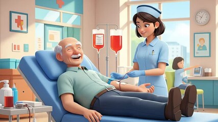 Cartoon Style Cheerful Senior Man Donating Blood at Hospital Illustration - Powered by Adobe