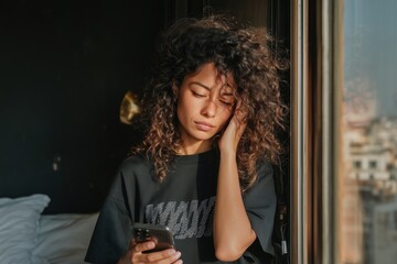 Young woman with curly hair using smartphone by cityscape window