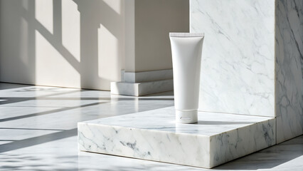 Minimalist White Tube Mockup on Marble Platform with Sunlight and Shadows for Cosmetic or Pharmaceutical Product Presentation