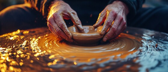 Skilled hands shaping clay on a spinning wheel, creating a bowl.  The clay is wet and glistening