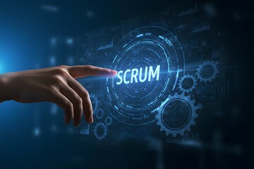 SCRUM, Agile development methodology, programming and application design technology concept on virtual screen.Generated AI