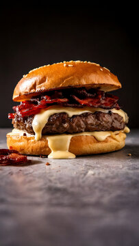 Delicious Bacon Cheeseburger with Melty Cheese,  mouthwatering bacon cheeseburger with melted cheese dripping over a juicy beef patty, all inside a toasted sesame bun. Perfect for satisfying any burge