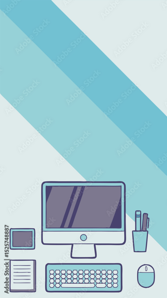 Poster minimalist desk setup illustration with computer keyboard and mouse on a background
