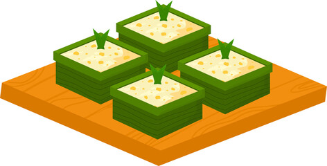Isometric arrangement of square food containers with green garnish on a wooden board.