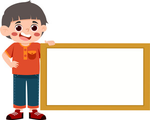 Smiling cartoon boy holding blank framed sign, presentation template.