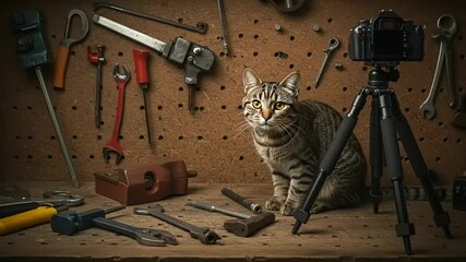 A curious cat sitting among various tools on a workbench with a camera on a tripod nearby