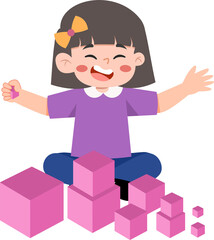 Joyful girl playing with pink blocks, learning and building with geometric shapes.