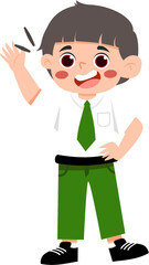Cheerful Boy Waving, Green Pants & Tie, Cartoon Style Illustration