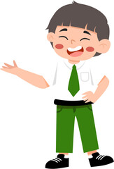 Smiling Boy in Uniform, Cartoon Illustration, Presenting Gesture.