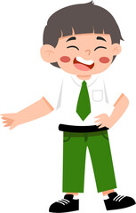 Joyful schoolboy in green uniform, laughing with open mouth and pointing.