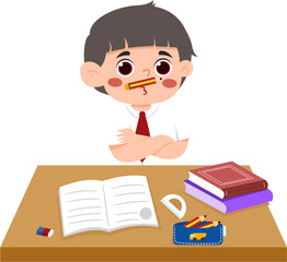 Pencil-Nose Boy at Desk with Books, Open Notebook, and School Supplies.