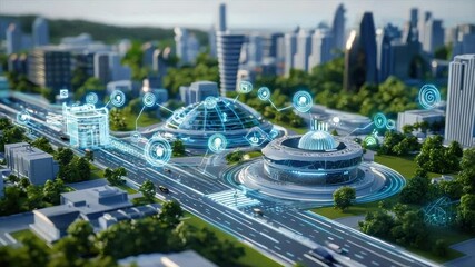 Futuristic city interconnected by technology. Modern architecture with smart city elements - Powered by Adobe
