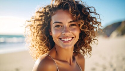 Happy woman with curly hair on beach
