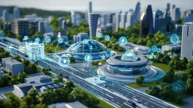 Futuristic city interconnected by technology.  Modern architecture with smart city elements