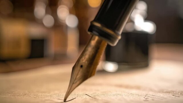 Closeup of vintage fountain pen writing on aged paper, ink bottle in soft focus in background, warm tone