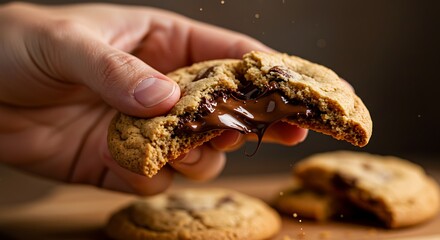 Cookie Bliss: Close-up shot of a hand breaking open a freshly baked chocolate chip cookie, revealing a molten chocolate center, capturing the warm, indulgent appeal.