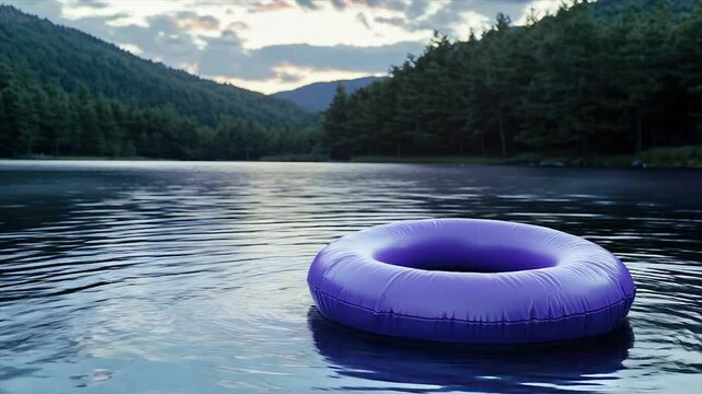 Purple inflatable ring on calm lake, serene mountain backdrop