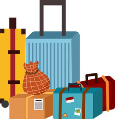 Stacked Luggage: Retro Suitcases, Box, and Tied Bag for Travel Illustration