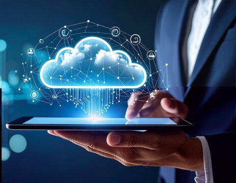 Cloud computing displayed on a tablet - Powered by Adobe