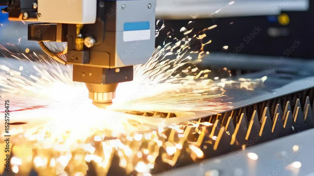 Poster close up of laser cutting machine precisely carving a sheet of metal with bright sparks during autom